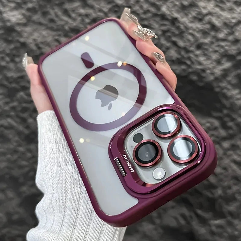 Magnetic kickstand case with lens protection for iPhone 11–18, red