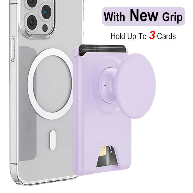 Magnetic wallet with expanding phone grip for iPhone & Samsung, purple