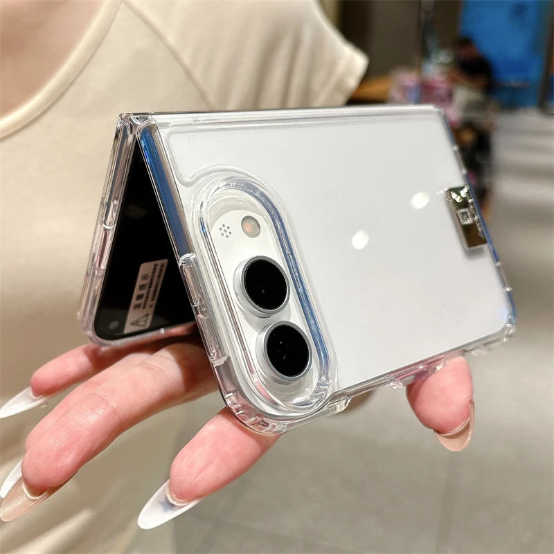iPhone Duo part-open in a clear case, back panel and inner display