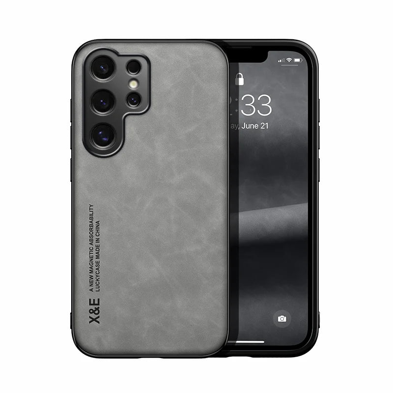 Ultra-thin leather case for Samsung Galaxy S21–S26, light gray