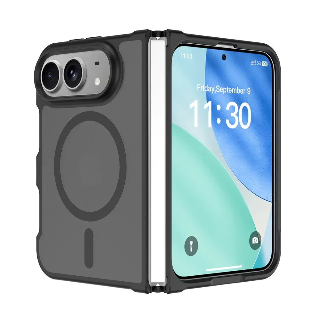 Translucent black MagSafe case on an open iPhone Duo, cut as two panels so the hinge stays free