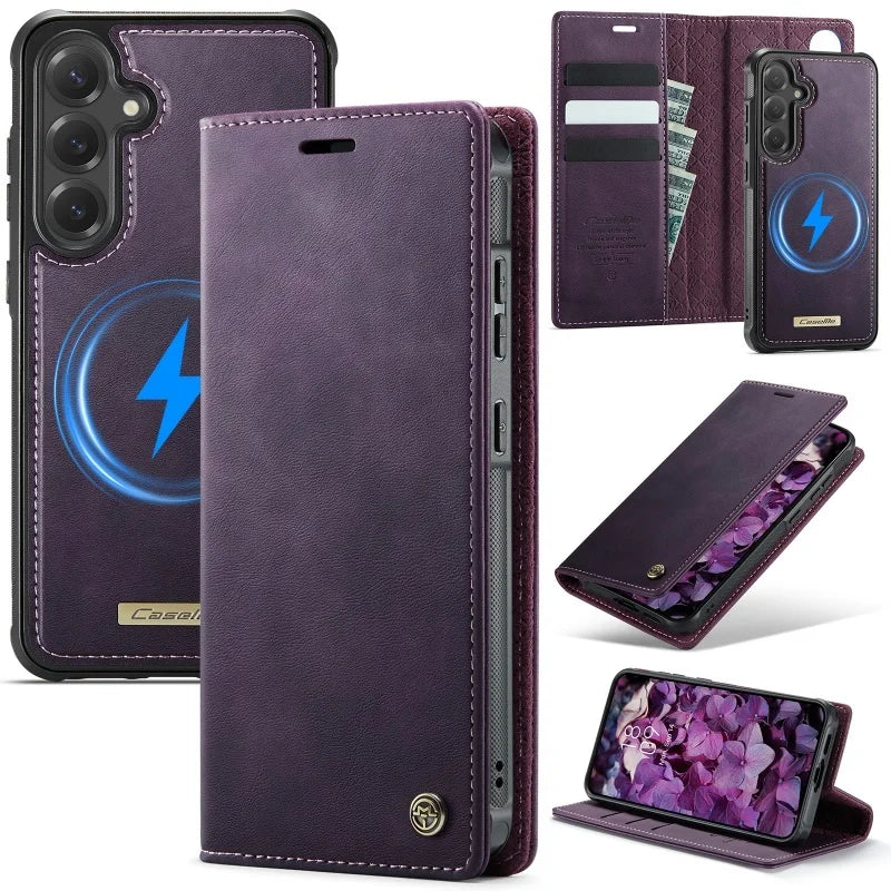 Magnetic leather wallet case for Samsung Galaxy S20–S26, purple