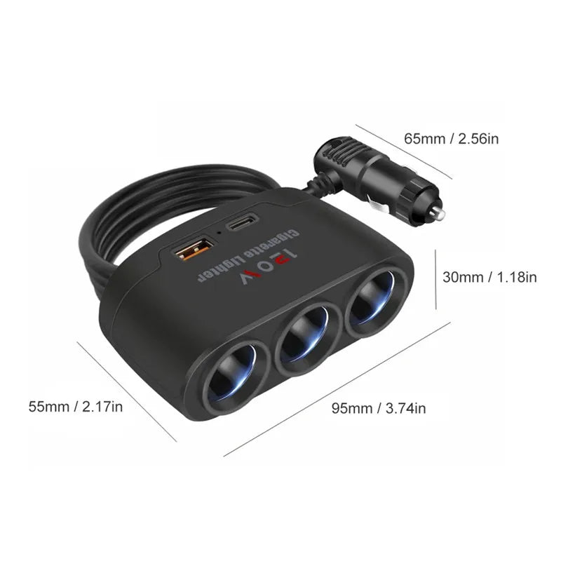 3-in-1 120W car cigarette lighter splitter with USB-C, view 7