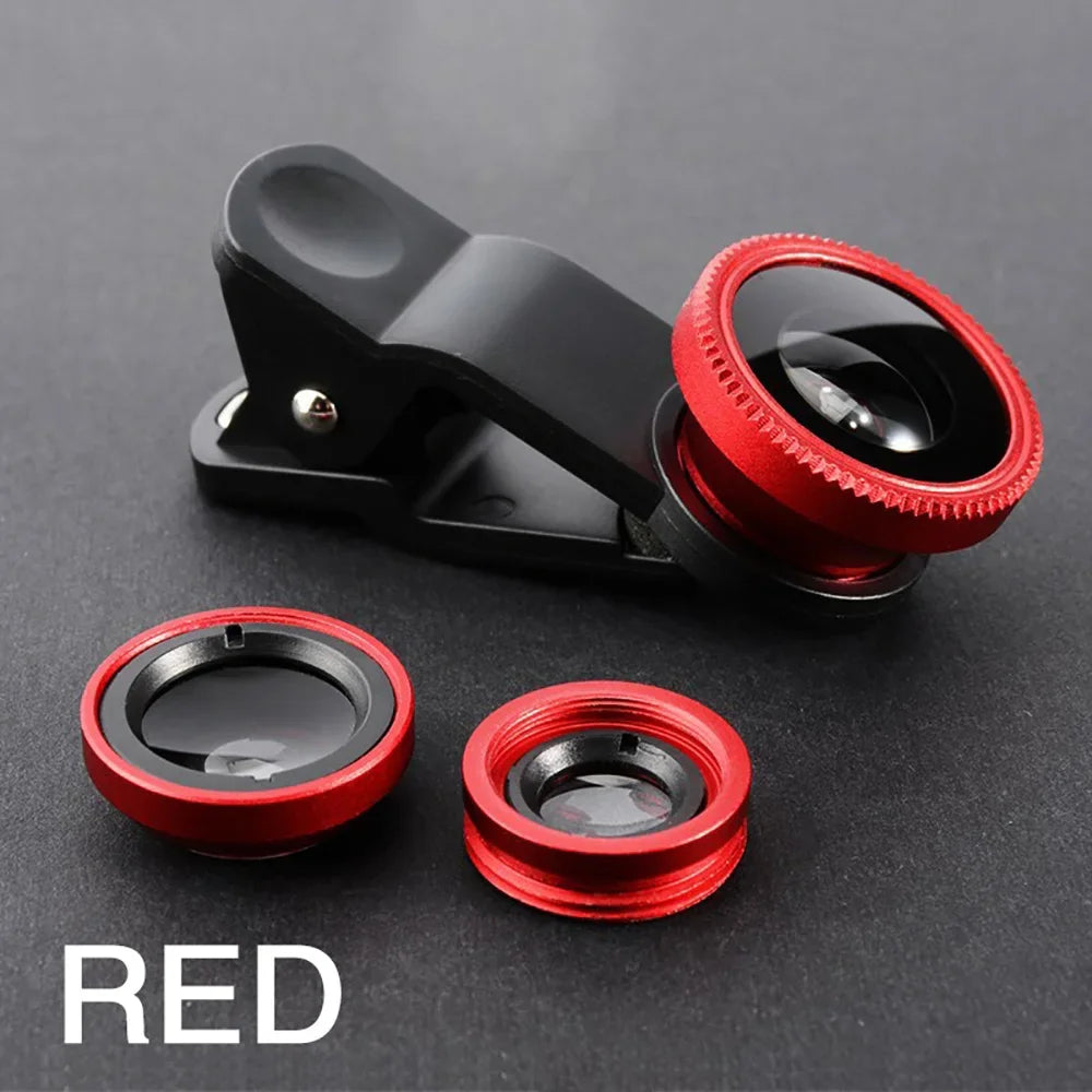 3-in-1 clip-on phone lens kit with fisheye, wide angle and macro, red