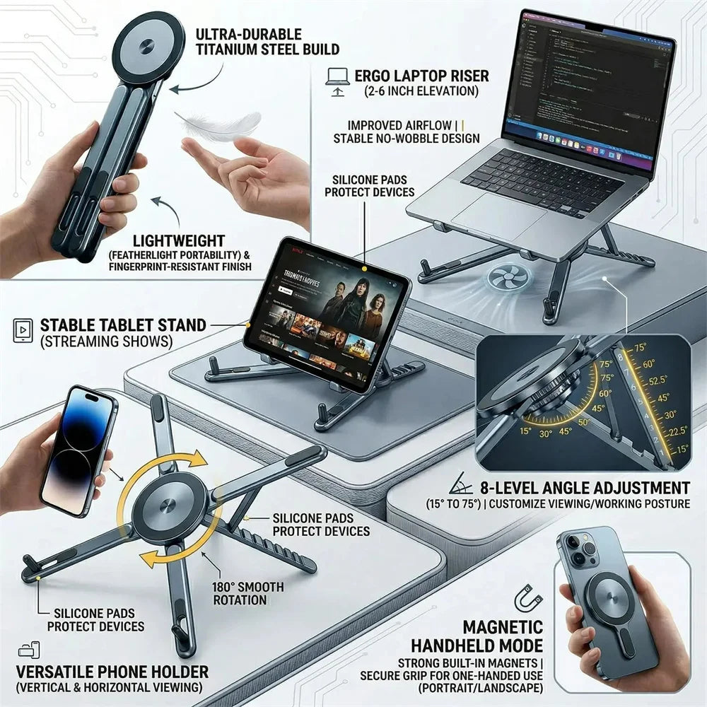 Foldable magnetic aluminum desk phone holder and selfie tripod, view 4