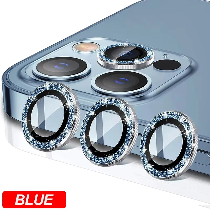Diamond metal camera lens protector glass for iPhone, light blue