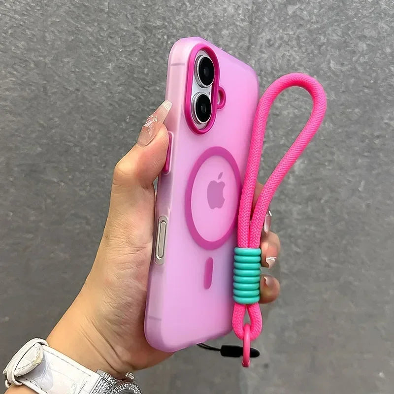 Candy color MagSafe case with wrist strap for iPhone 11–18, rose pink