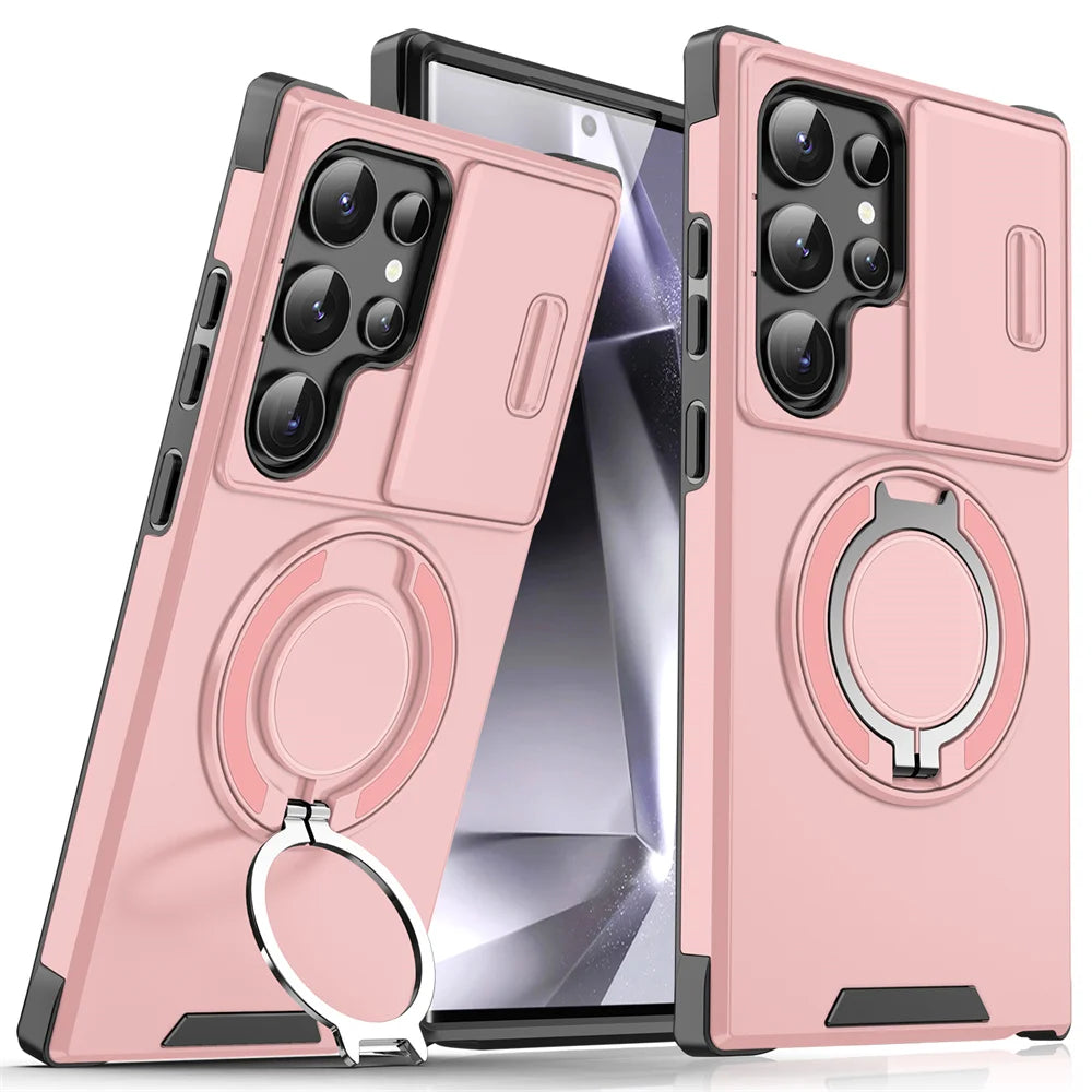 Slide camera cover magnetic stand case for Samsung Galaxy S and A series, pink