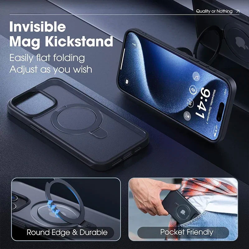Matte MagSafe case with metal ring stand for iPhone 11–17