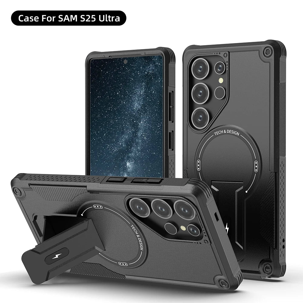 Magnetic armor case with fold stand for Samsung Galaxy S and A series, black