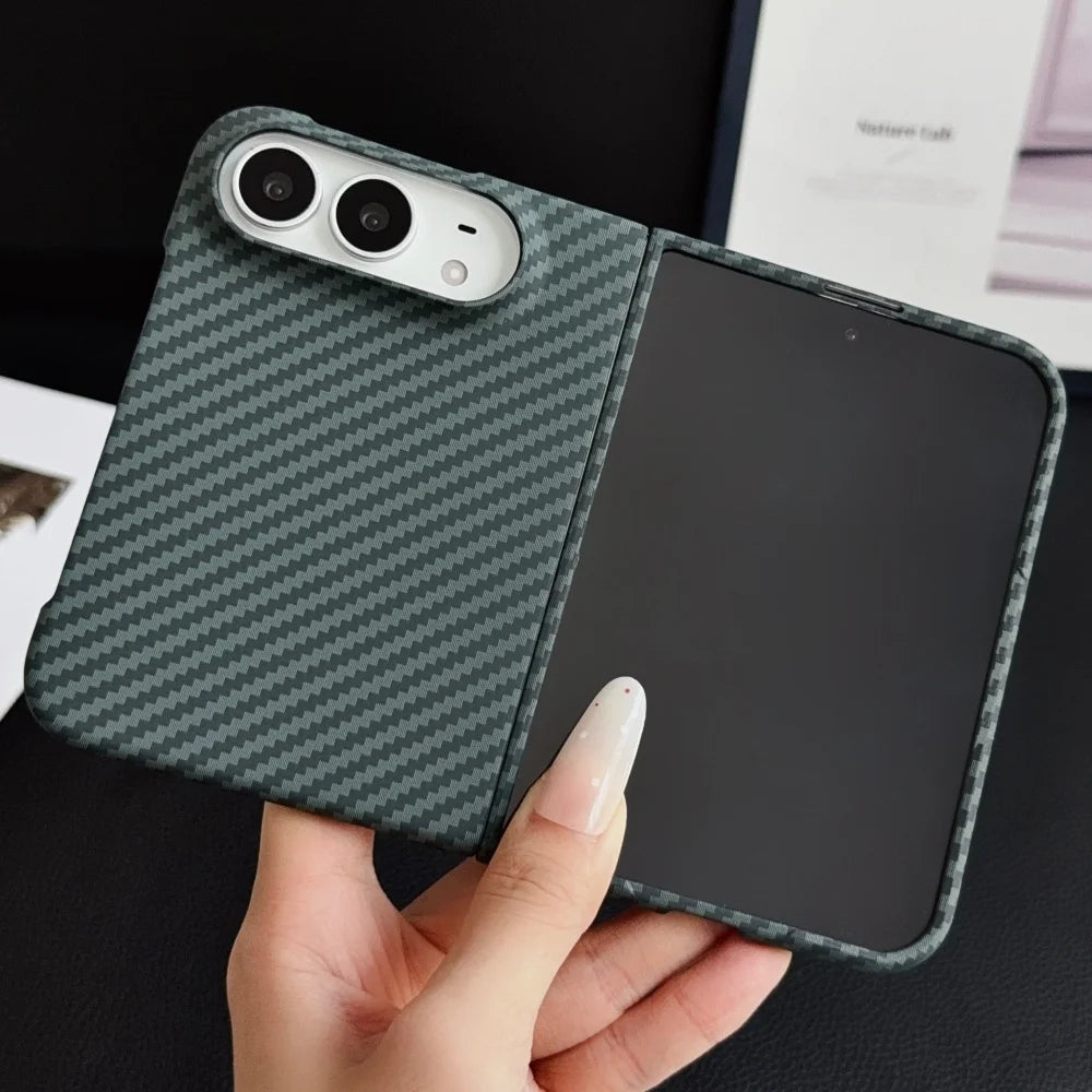 MagSafe case for iPhone Duo in dark green, back panel with twin rear lenses and hinge spine
