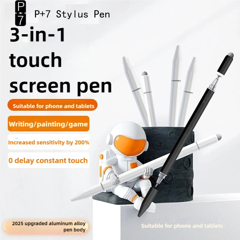 Universal touch screen stylus with three tips and ballpoint pen