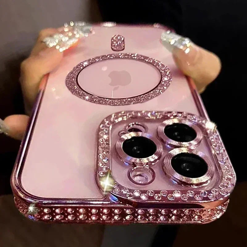 Glitter diamond clear magnetic bumper case for iPhone 11–18, pink