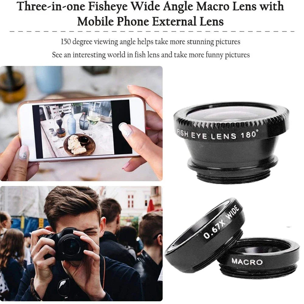 3-in-1 clip-on phone lens kit with fisheye, wide angle and macro, view 2