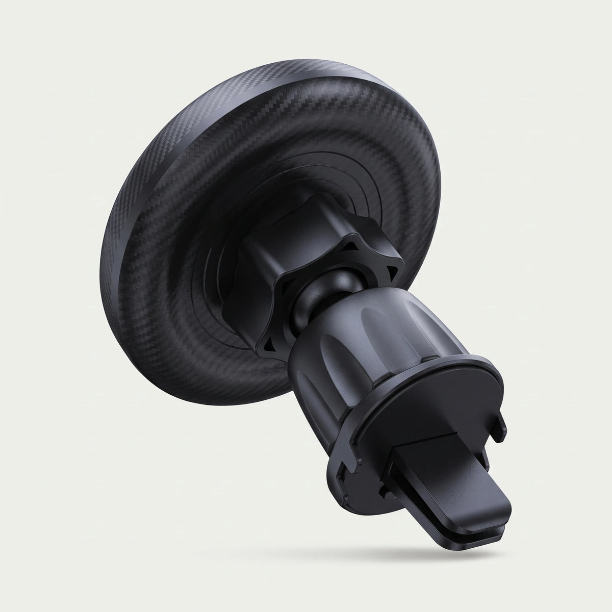 Black MagSafe magnetic car phone holder with air vent clip and 360-degree ball joint, studio shot
