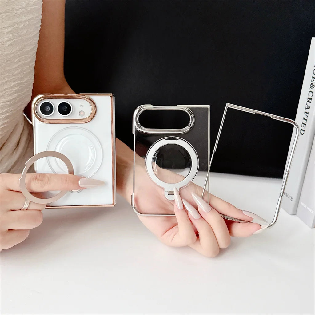 Clear case with the 360 degree rotating ring stand swung out, shown on and off the iPhone Duo