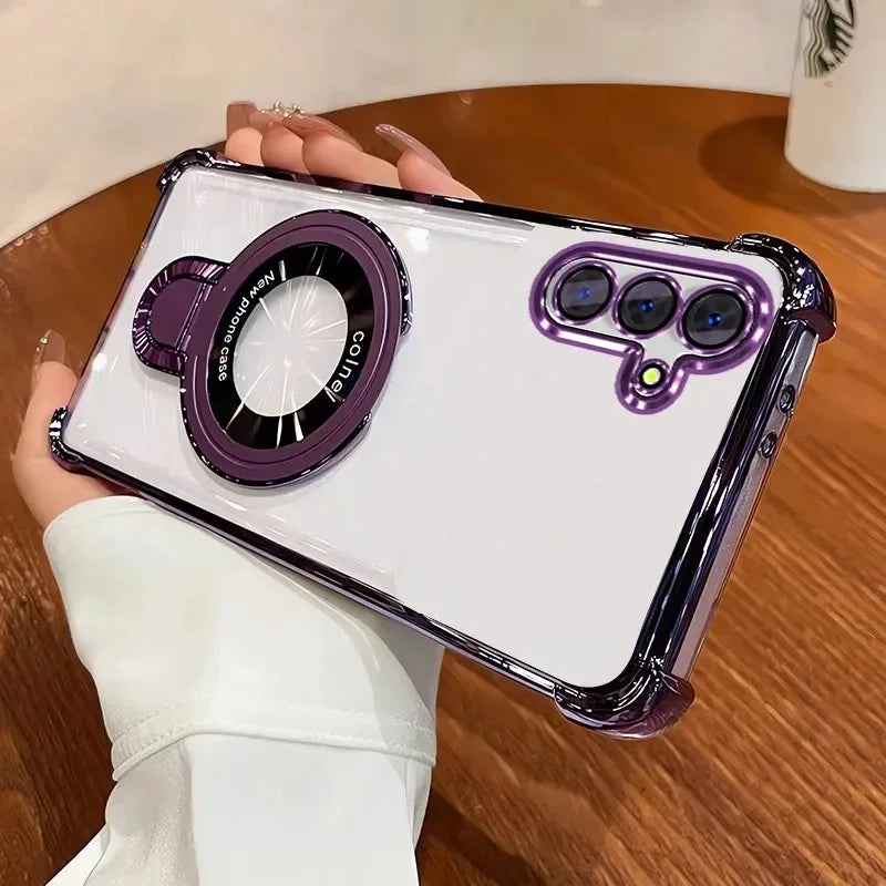 Shockproof plated MagSafe case with magnetic bracket for Galaxy A series, dark purple