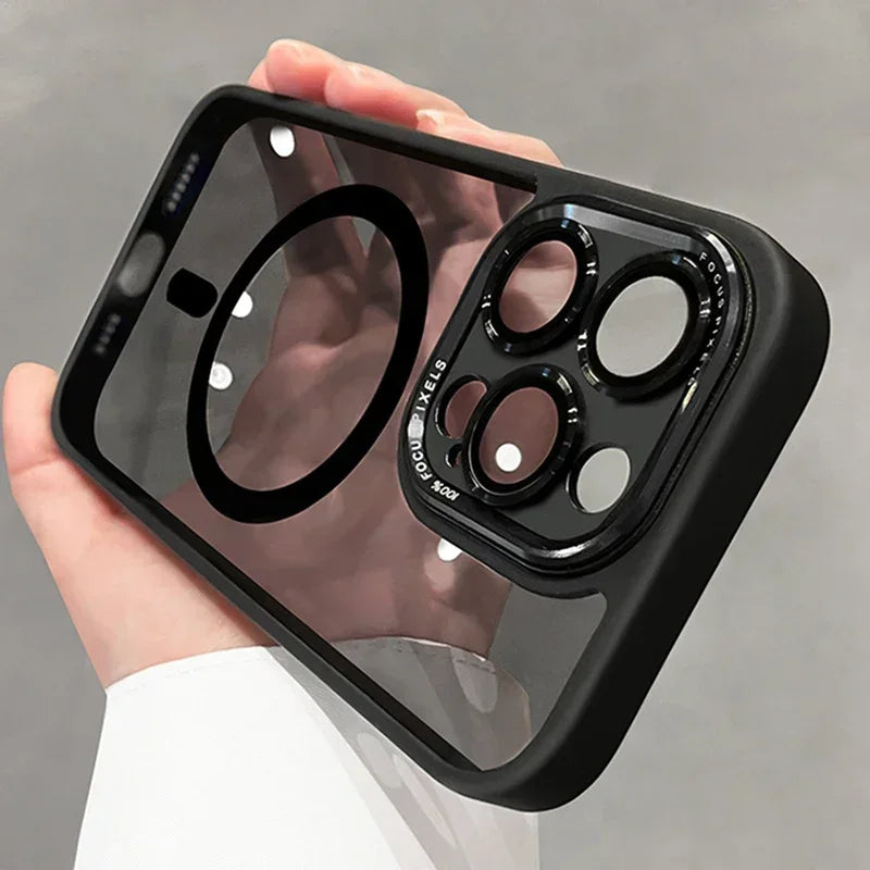 Clear magnetic case with metal lens bumper for iPhone 11–18