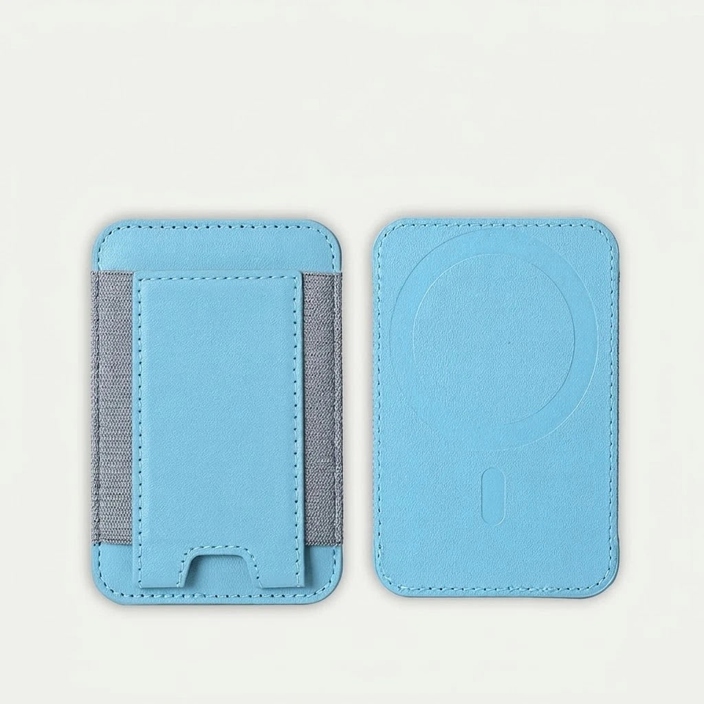 MagSafe leather card holder wallet with elastic pocket, sky blue