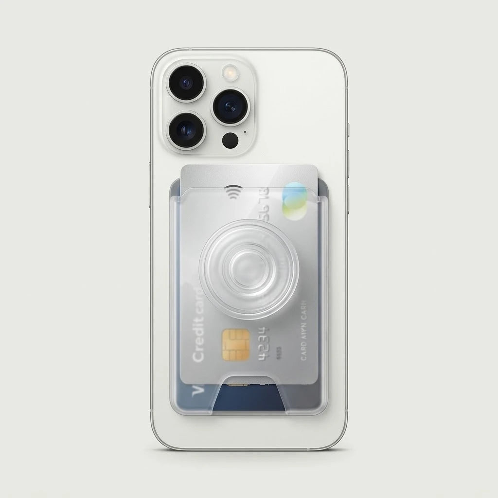 Transparent MagSafe card holder wallet with grip socket on the back of a phone, studio shot