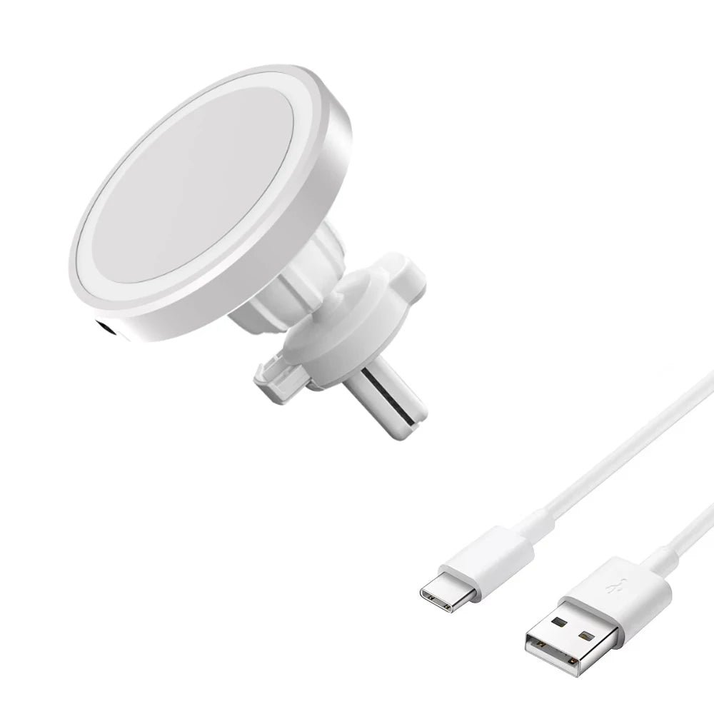 Magnetic air vent wireless charging car mount for MagSafe, white with cable