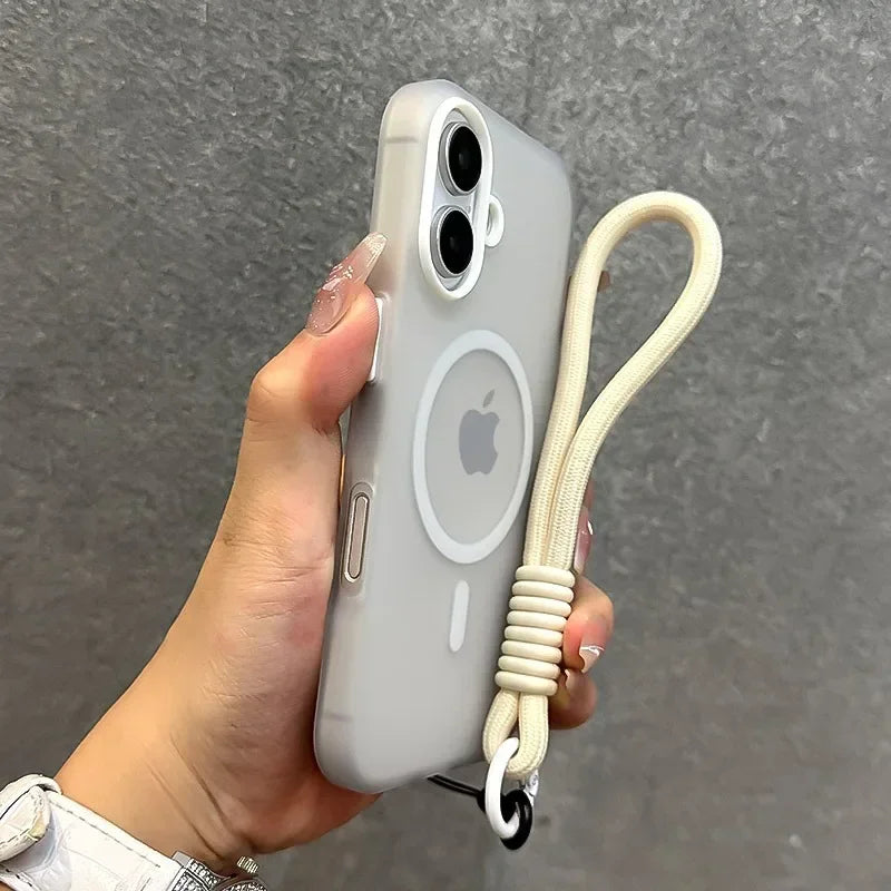 Candy color MagSafe case with wrist strap for iPhone 11–18, white