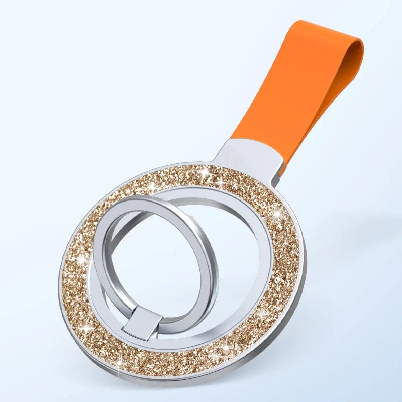Double-sided magnetic ring grip with hand strap, golden glitter