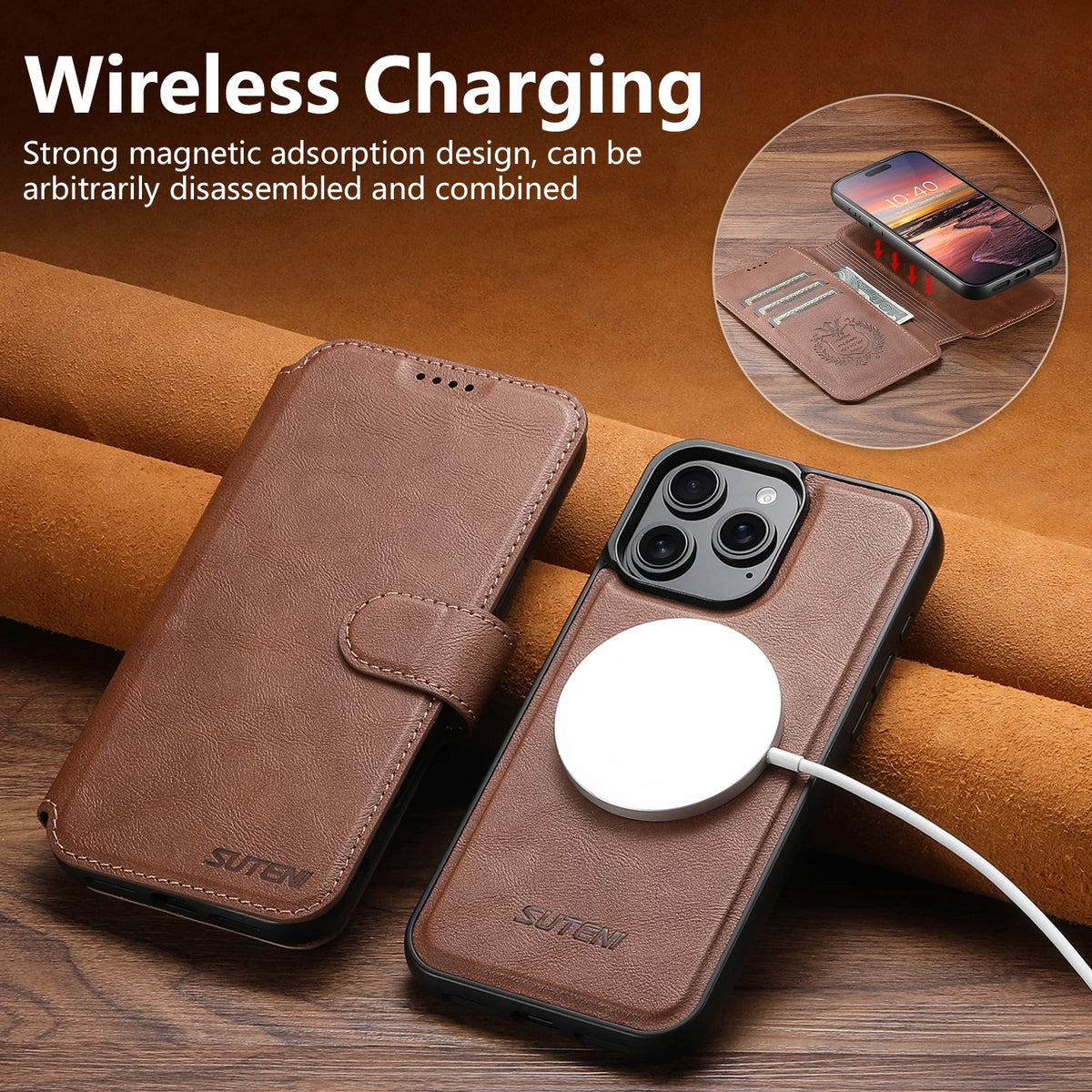 Faux leather flip wallet case with stand for iPhone 12–18, view 2