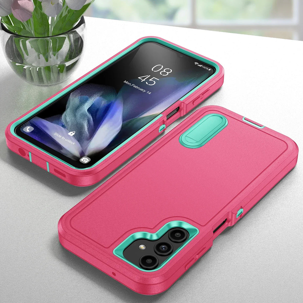 Anti-shock protective case with holder for Samsung Galaxy S and A series, rose red
