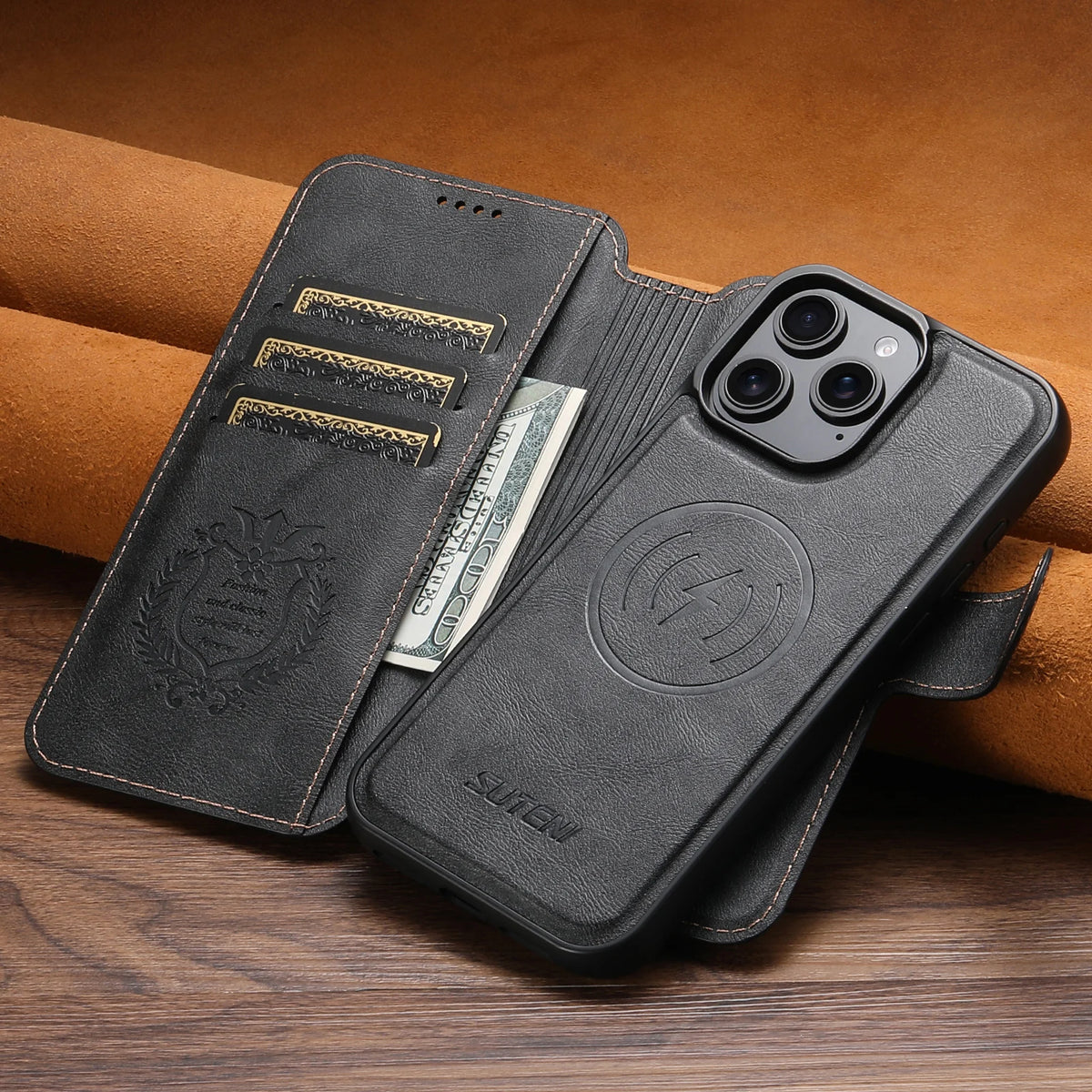Faux leather flip wallet case with stand for iPhone 12–18, black