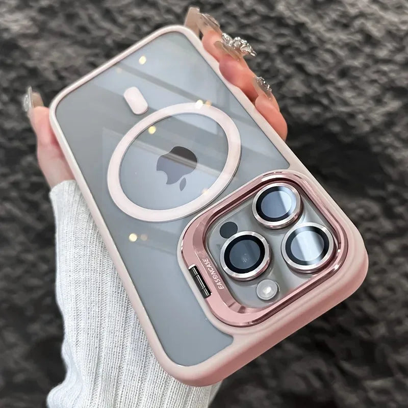 Magnetic kickstand case with lens protection for iPhone 11–18, pink