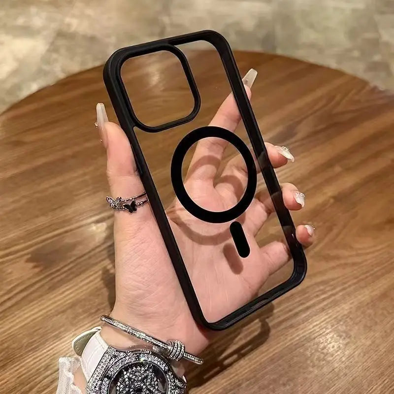 Shockproof clear MagSafe case for iPhone 11–17, black