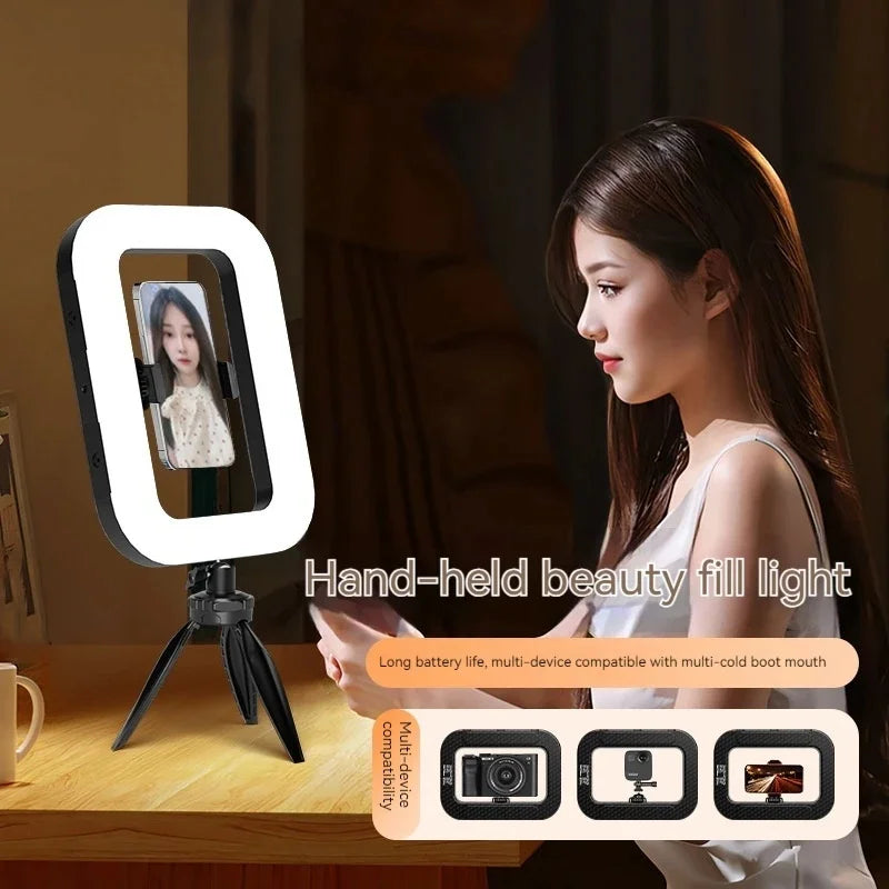 Rechargeable handheld LED ring light with tripod and phone holder, view 4