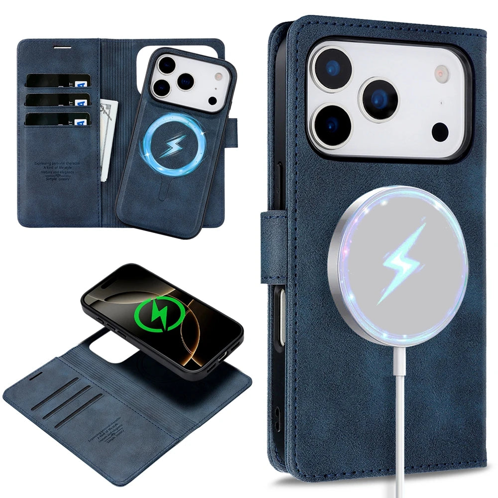 2-in-1 leather MagSafe wallet case for iPhone 12–18, blue