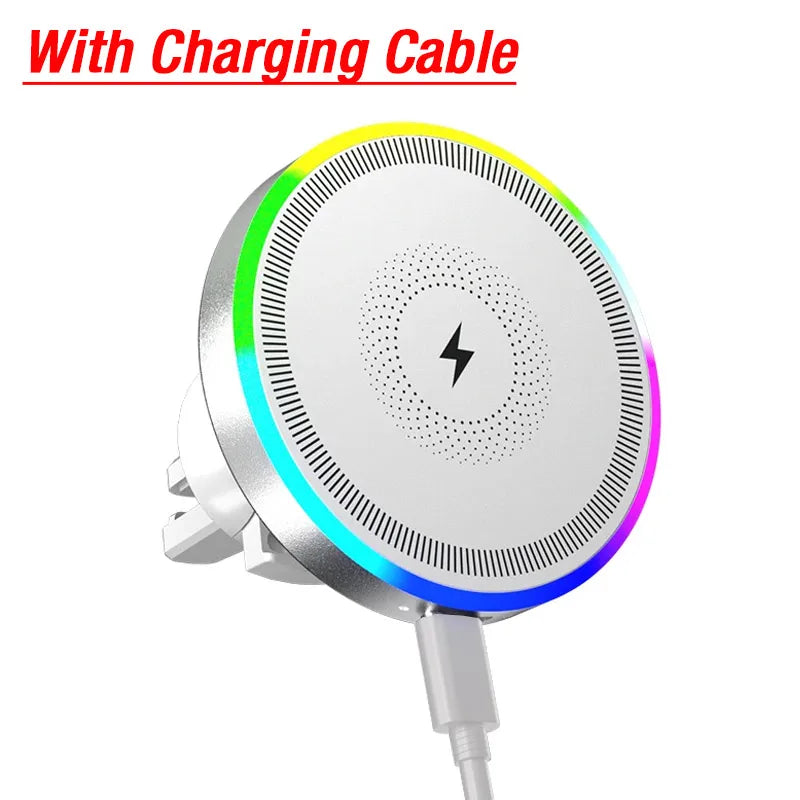 RGB light magnetic wireless charging car vent mount for MagSafe, white with cable