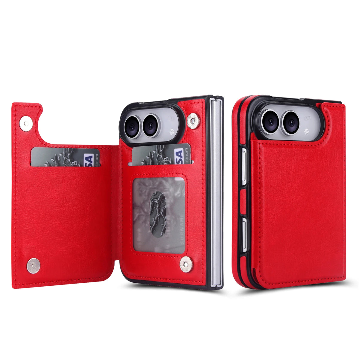Red leather wallet case for iPhone Duo, front and back views