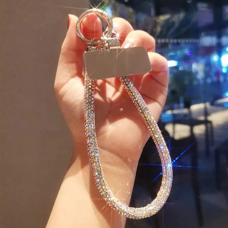 Diamond phone wrist chain lanyard with metal clip, colorful