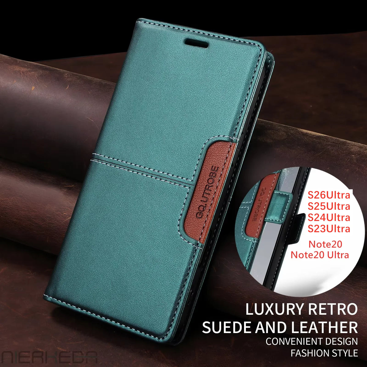 Flip leather wallet case for Samsung Galaxy S, Note and A series, green