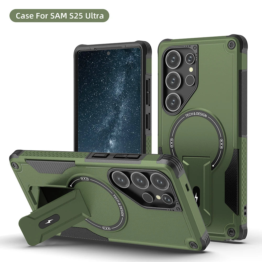 Magnetic armor case with fold stand for Samsung Galaxy S and A series, dark green