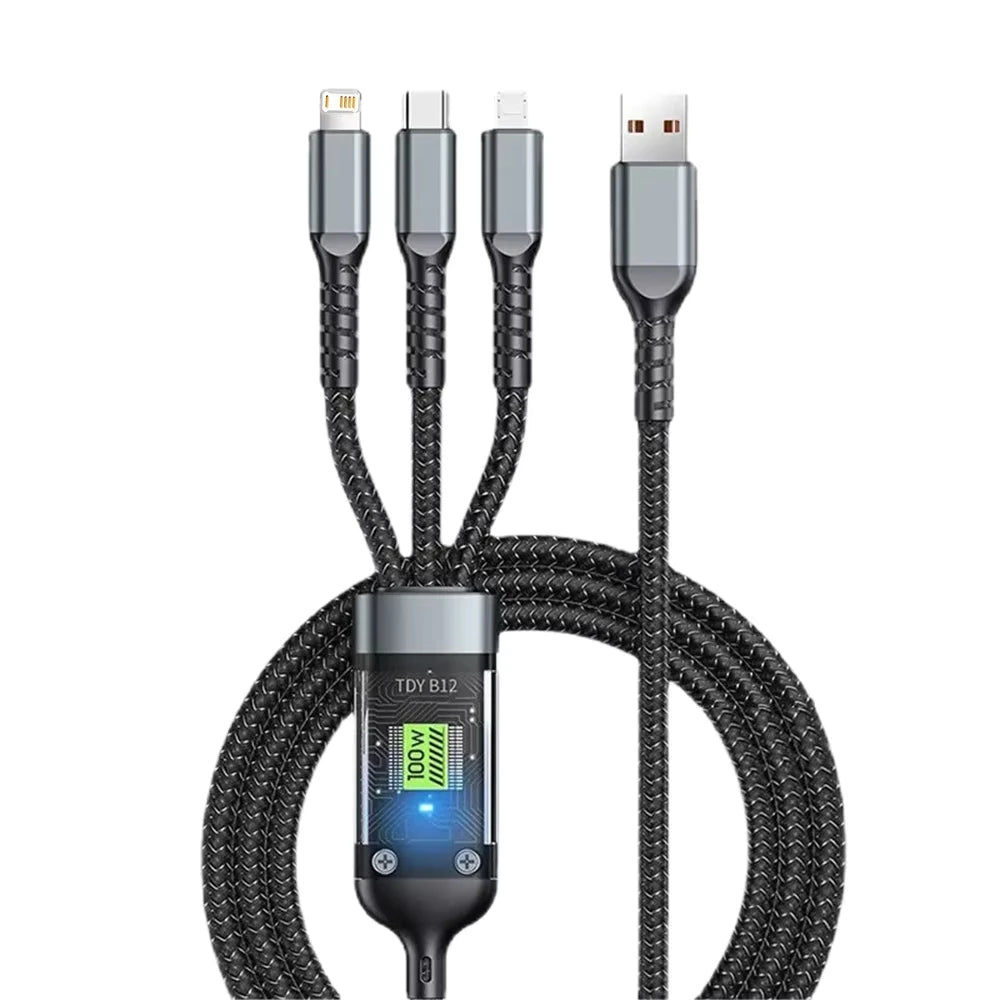 100W 3-in-1 transparent charging cable with digital display, view 7
