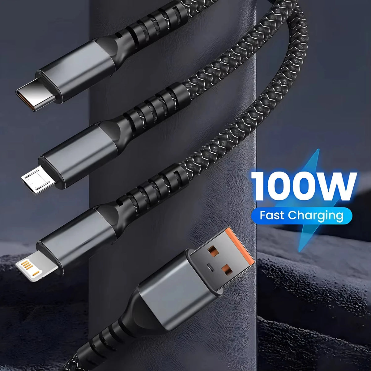 100W 3-in-1 transparent charging cable with digital display, view 3
