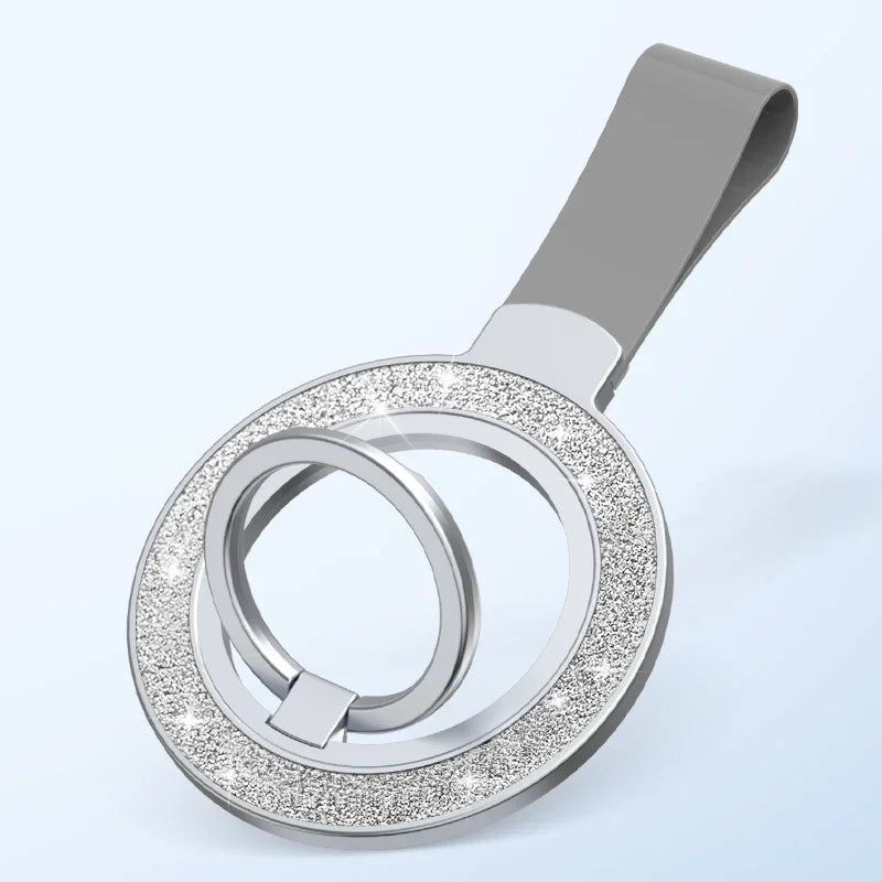 Double-sided magnetic ring grip with hand strap, silvery gray