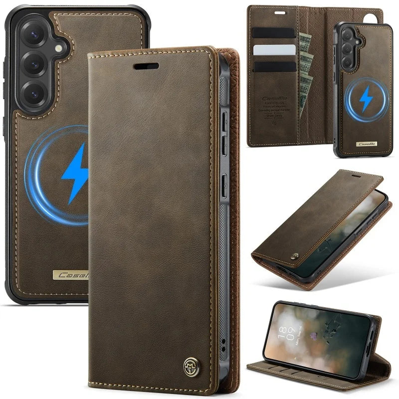 Magnetic leather wallet case for Samsung Galaxy S20–S26, coffee