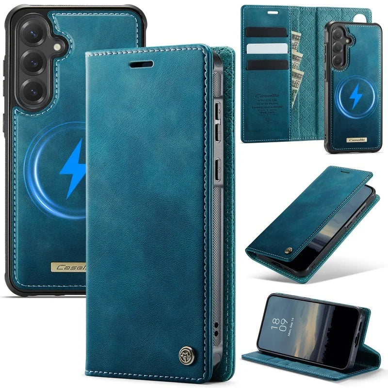 Magnetic leather wallet case for Samsung Galaxy S20–S26, blue