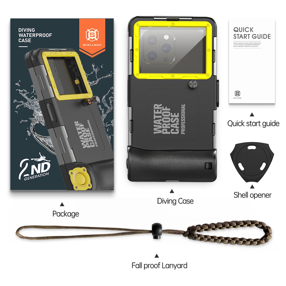 IP68 waterproof phone case for diving, up to 6.9 inch, black yellow