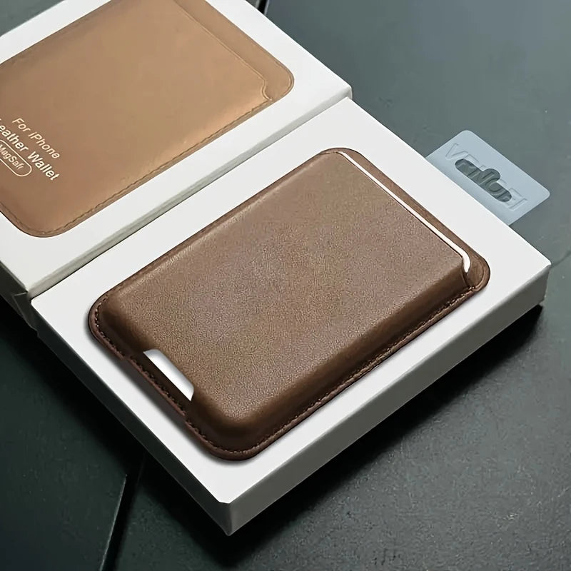 PU leather magnetic card holder for iPhone 12–18 Pro Max, light brown