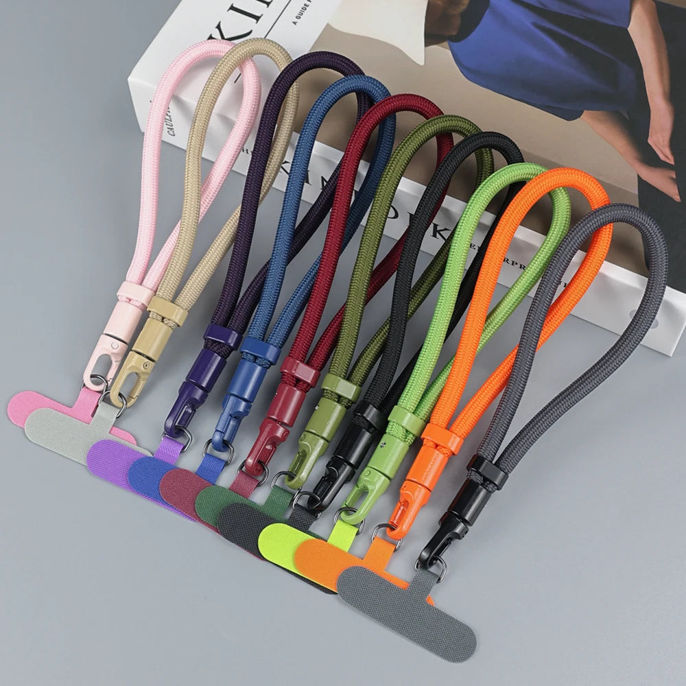Braided short phone wrist strap with chain ring and patch