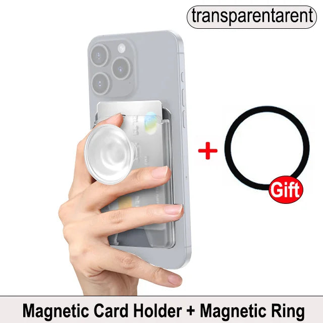 MagSafe card wallet with ring grip stand for iPhone & Samsung, transparent