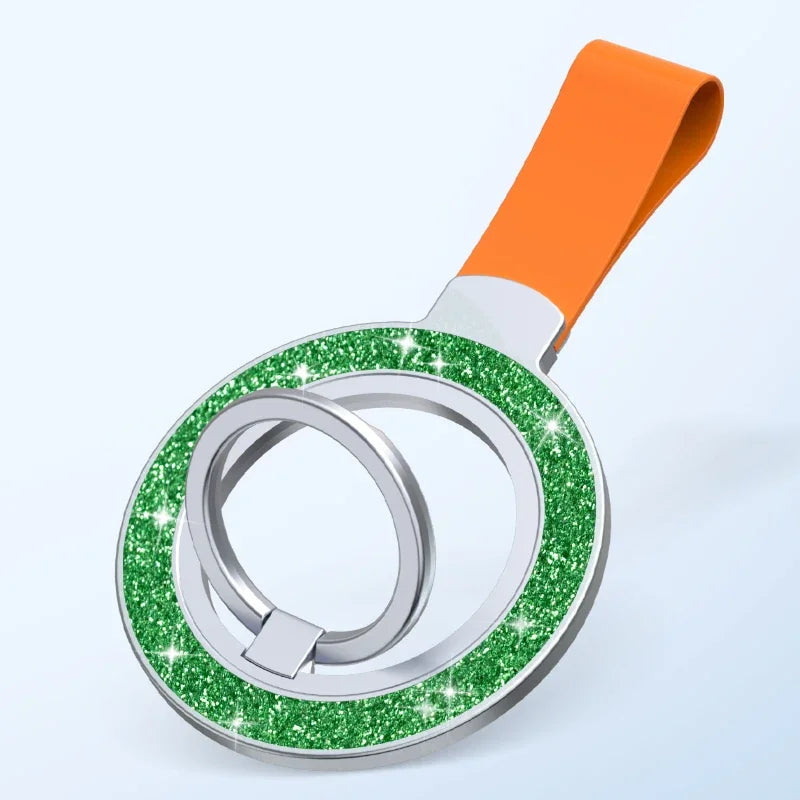 Double-sided magnetic ring grip with hand strap, green glitter