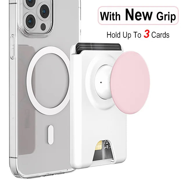 Magnetic wallet with expanding phone grip for iPhone & Samsung, white pink